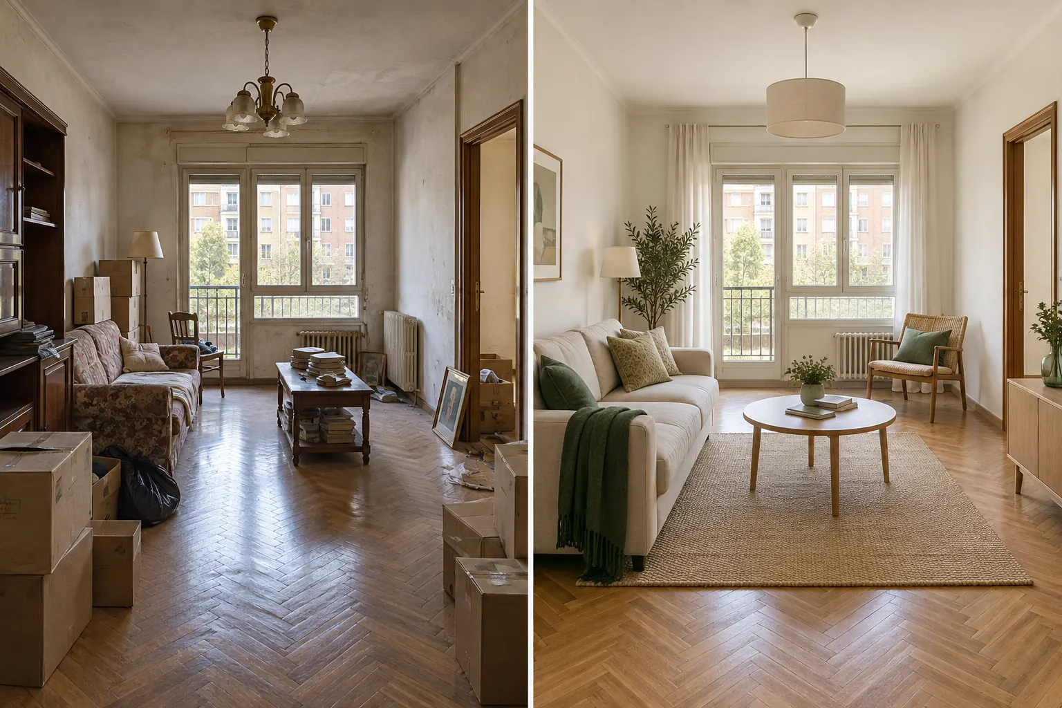 Un salón antes y después de prepararlo