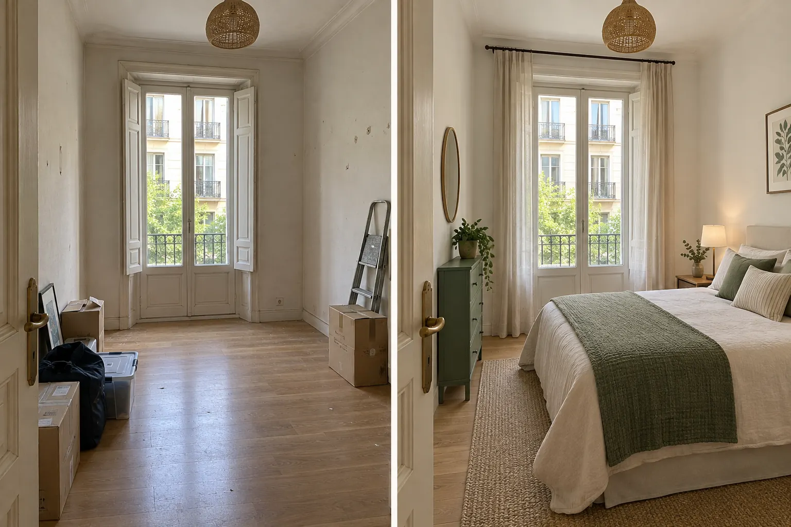 Comparativa antes y después de un dormitorio preparado para alquilar