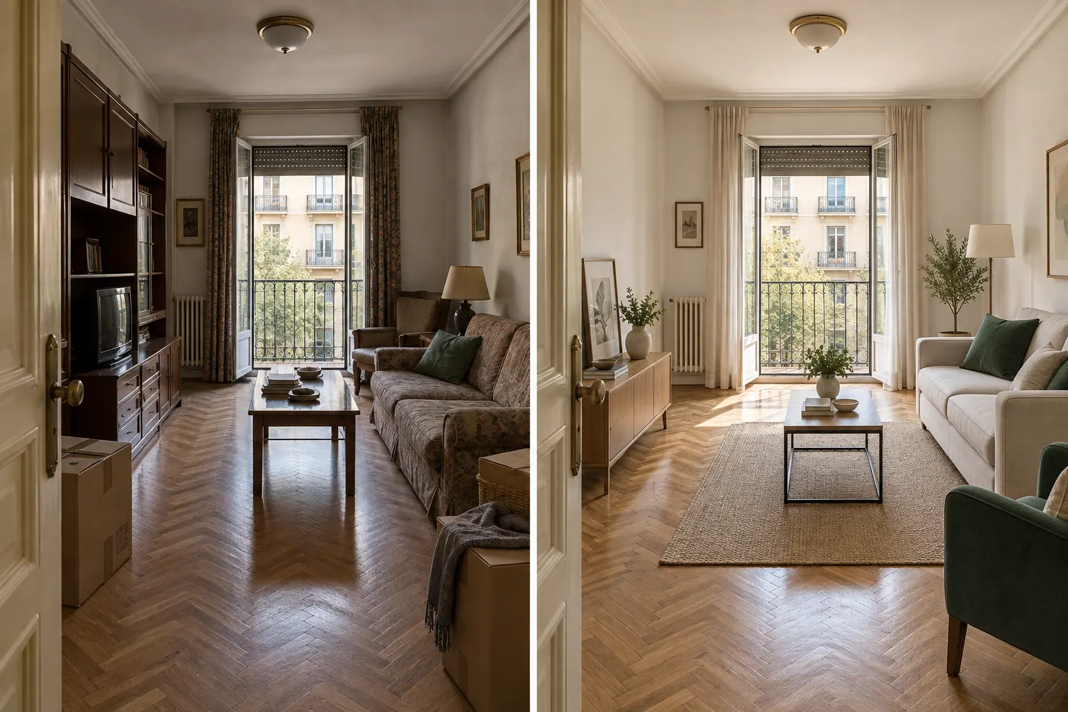 Comparativa antes y después de un salón preparado para vender